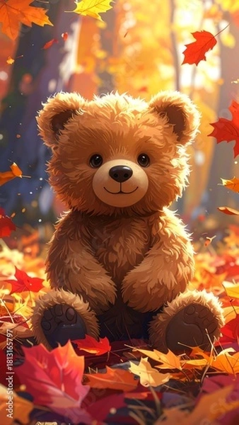 Obraz A cute, cuddly toy bear sits in fallen leaves with an autumnal backdrop of trees and sunlight. The bear has a happy expression