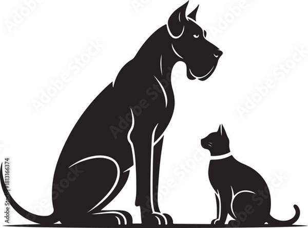 Fototapeta Great Dane and Cat Silhouette Sitting Side by Side Black and White 