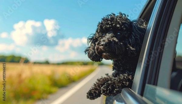 Obraz A fluffy black dog enjoys the wind while gazing out of a car window on a sunny day. Fields and blue sky in background