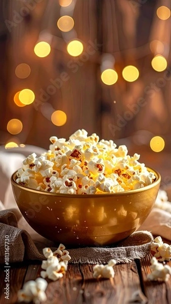 Fototapeta A golden bowl overflows with popcorn, a snack against a blurred background of warm, inviting lights, atop a rustic wooden table