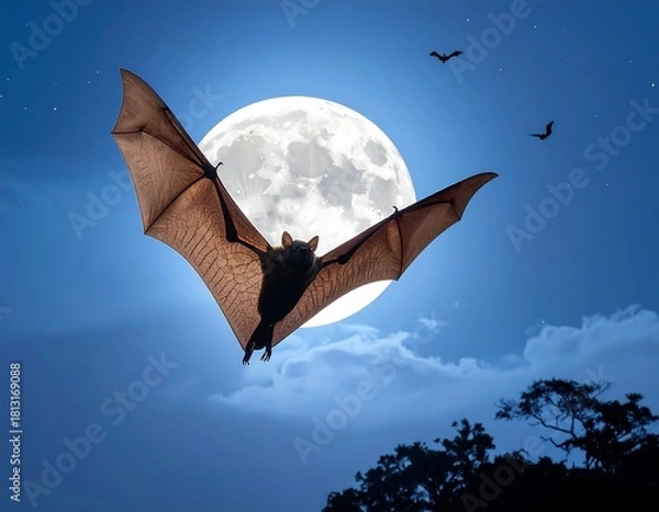 Fototapeta A large, airborne mammal is silhouetted against a full moon, with smaller creatures also flying, a night sky setting