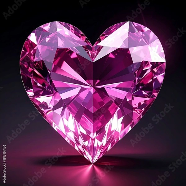Fototapeta A heart-shaped, multi-faceted, brilliant-cut gemstone glows with pink and magenta hues against a dark background, reflecting light