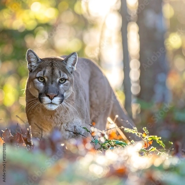 Fototapeta A majestic large cat cautiously emerges from a forest floor. Sunlight filters through the foliage creating a warm and natural scene