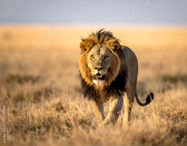 Obraz A majestic male feline walks directly towards the camera across an open savanna. The animal has a lush mane, displaying a powerful presence