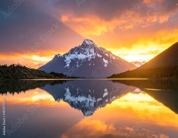 Fototapeta A majestic mountain peak with snow-capped tops reflects perfectly in the still water of a lake at sunrise. Fiery clouds fill the sky