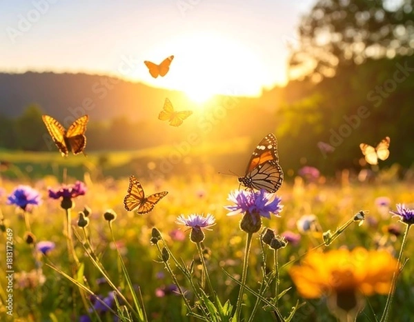 Fototapeta A vibrant field of wildflowers basks in golden sunlight as several butterflies dance in the air. A hazy mountain range is in the distance