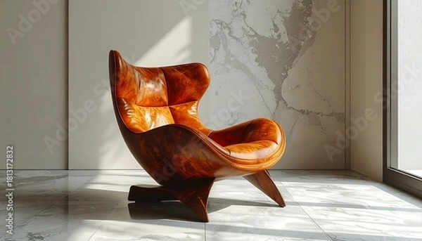 Fototapeta A modern, sculptural armchair with a rich, brown leather finish is the focal point. Marble flooring and a bright window are in the backdrop