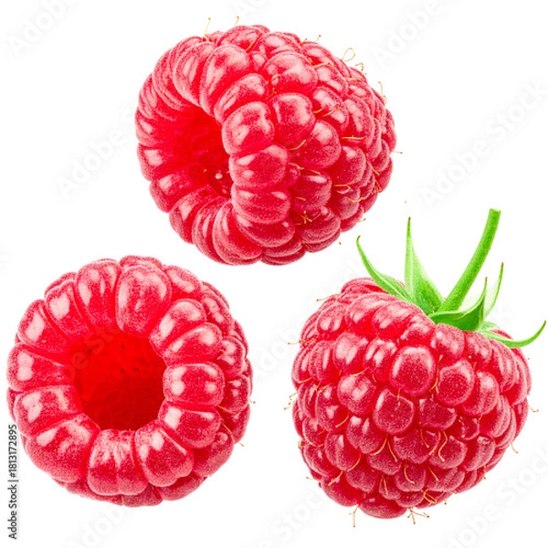 Obraz Vibrant Raspberry Trio: A close-up shot of three luscious raspberries, showcasing their intricate textures and vibrant color, ready to tantalize the taste buds.