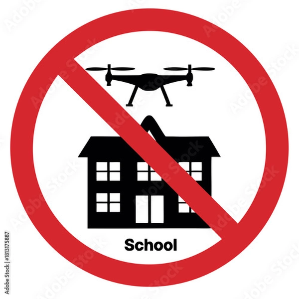 Fototapeta No drones allowed near schools sign with red circle and school silhouette illustration
