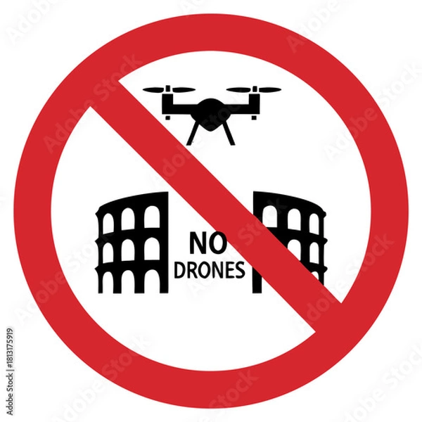 Obraz No drones allowed near historical sites sign with red circle and landmark silhouette illustration