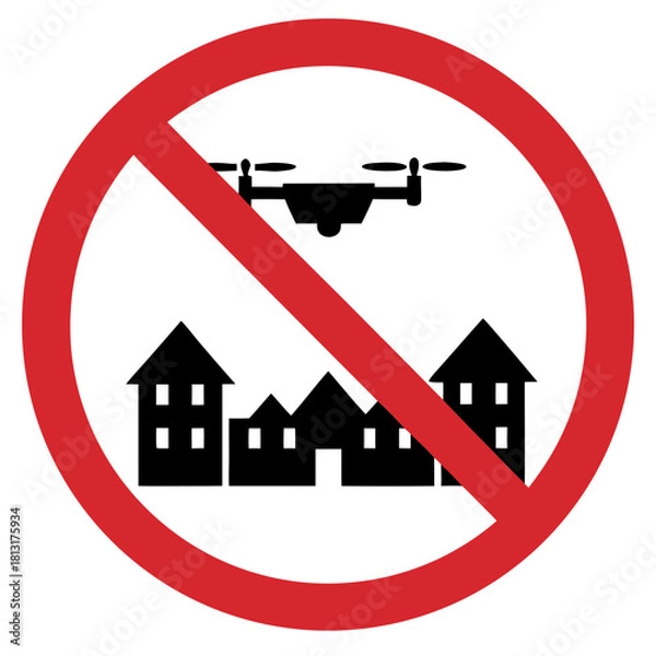 Fototapeta No drones allowed near residential areas sign with red circle and silhouette illustration