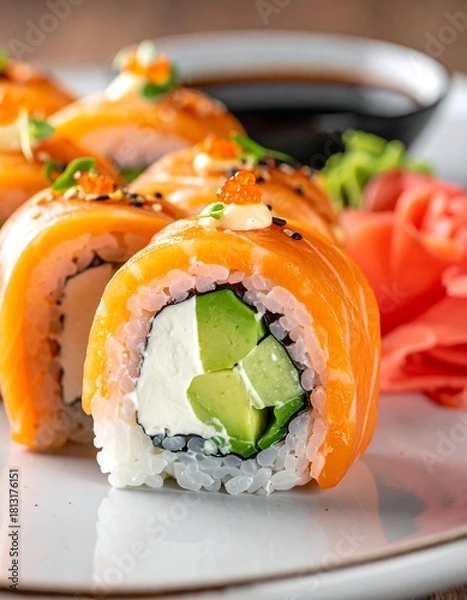 Fototapeta Close-up of a sushi roll with salmon on top, avocado, and cream cheese, served with ginger and soy sauce