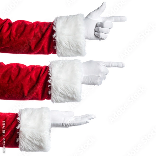 Fototapeta Santa Claus Hands with Various Gestures: A trio of Santa Claus arms, adorned in classic red and white attire, showcase a series of hand gestures.