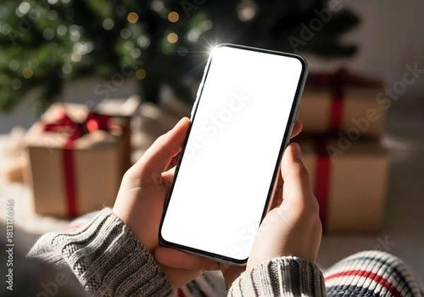 Fototapeta Female hands holding a smartphone with a blank screen at Christmas