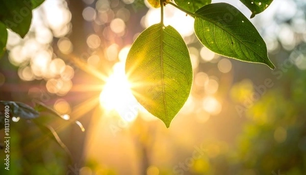 Fototapeta Close-up of sun shining through leaves, creating bright bokeh effect