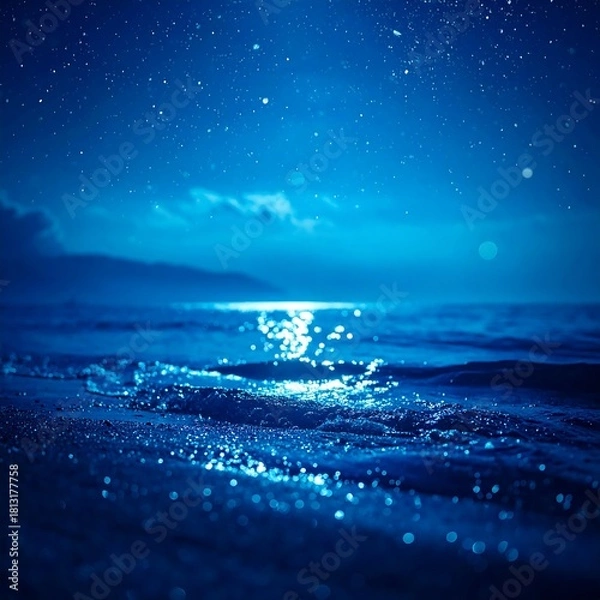 Obraz A serene coastal scene at night. The starlit sky reflects on the ocean surface, with gently lapping waves on the shore