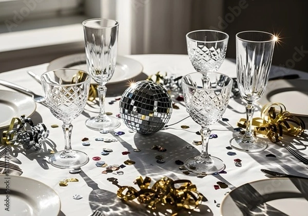 Fototapeta Elegant Party Table Setting with Disco Ball and Champagne Glasses