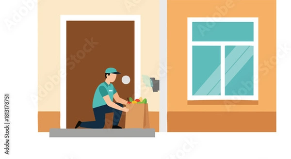 Fototapeta A Delivery Courier Performing Contactless Drop-off by Placing a Grocery Bag at the Customer's Front Door