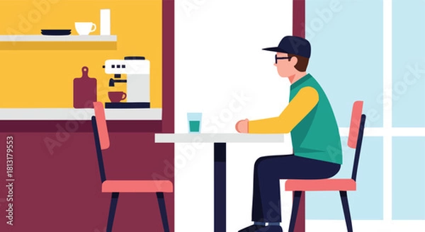 Fototapeta A Delivery Courier Taking a Break and Sitting Alone at a Table in a Coffee Shop or Cafe