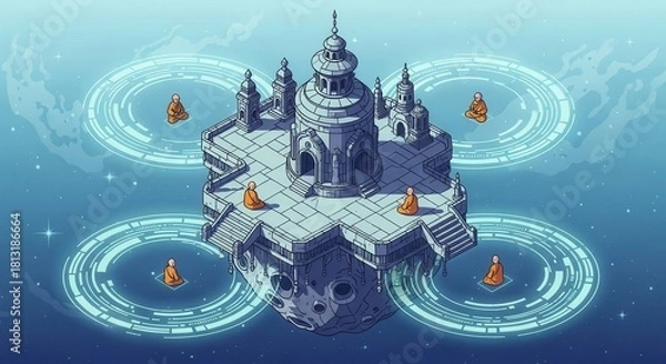 Fototapeta Monks in orange robes meditate around a floating temple structure in a celestial environment