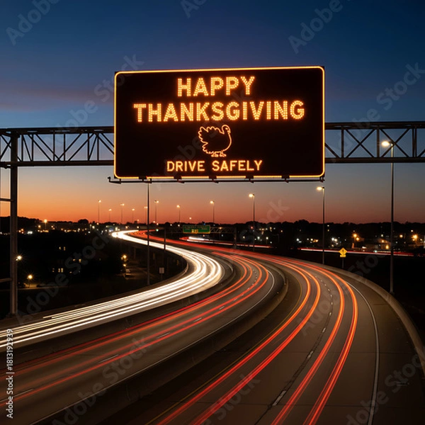 Obraz Image of a highway with light streaks from cars at dusk.The sign reads quot;Happy Thanksgiving&quot;, representing holiday travel and celebration, Dusk Highway Travel / Holiday Road Trip