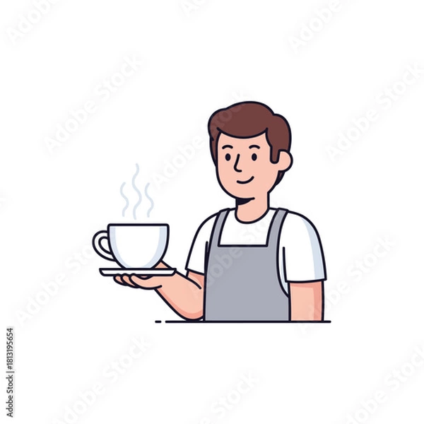 Fototapeta Cute Character Barista Serving Hot Drink A charming illustration of a barista holding a steaming cup, perfect for cafes and coffee-themed designs