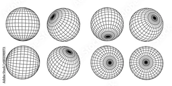 Fototapeta 8 Spherical Grid Wireframe Set – 3D Globe Lines, Geometric Sphere Mesh Illustration