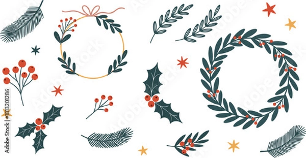 Obraz Festive winter holiday elements holly, berries, feathers, and star patterns, perfect for Christmas and New Year's decorations