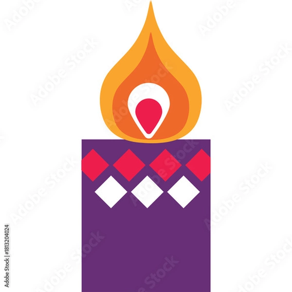 Obraz Stylized purple candle with colorful diamond pattern and bright orange flame centered against a white background in a flat design illustration