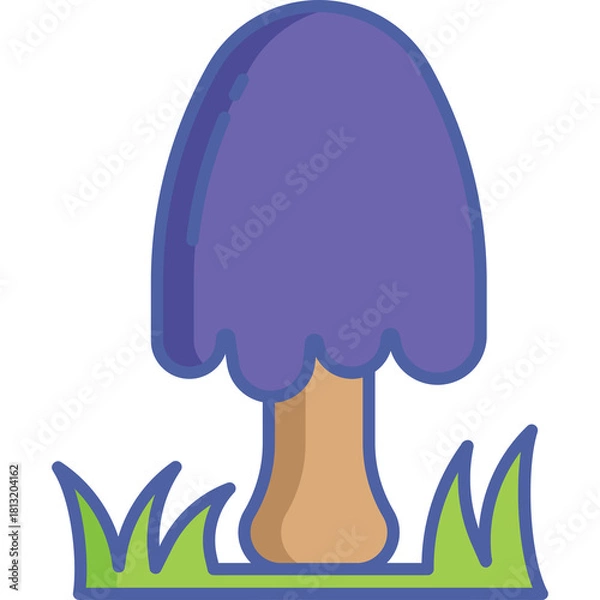 Obraz Stylized Purple Mushroom with Tan Stem and Green Grass on Transparent Background Simple Vector Illustration