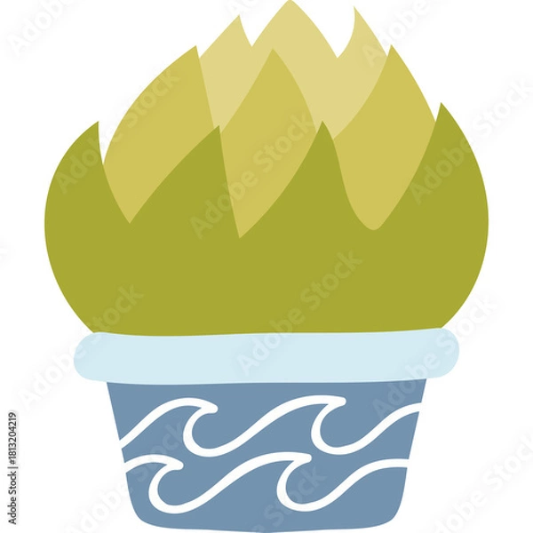 Obraz Stylized Potted Plant With Green Leaves and Blue Wave Patterned Pot With Transparent Background