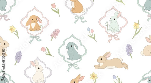 Fototapeta cute pastel bunnies and delicate spring flowers create a gentle seamless pattern on a white background perfect for easter and charming childrens designs.