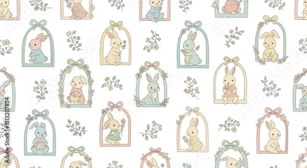 Fototapeta cute pastel easter bunny pattern in floral arch frames a charming seamless design ideal for spring nursery decor and childrens products.