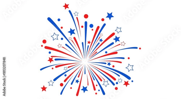 Fototapeta red white and blue fireworks explosion graphic with festive stars and dots on a clean white background perfect for independence day fourth of july and patriotic celebrations.