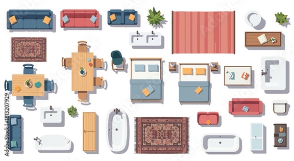 Fototapeta top view floor plan furniture set featuring modern household items including sofas beds tables for interior design.
