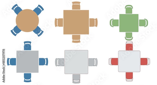 Fototapeta top-down furniture arrangement collection displaying various table and chair layouts ideal for architectural floor plans and interior design concepts.
