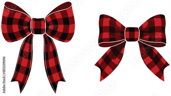 Fototapeta Two red and black plaid bows with buffalo check pattern, festive Christmas holiday ribbons, decorative gift wrapping accessories, seasonal ornament design