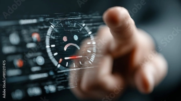Fototapeta Customer feedback display showing dissatisfaction with a sad face and low performance meter, representing negative sentiment