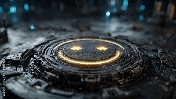 Fototapeta Futuristic cybernetic smiley face glows with vibrant energy on a complex mechanical platform, symbolizing digital joy and advanced technology