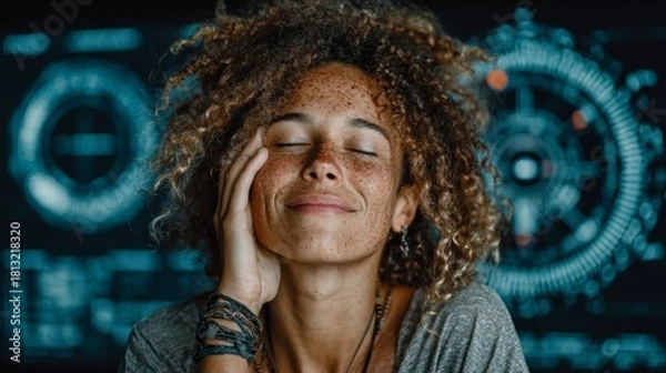 Fototapeta Young woman with freckles smiles peacefully with eyes closed, hand on cheek, against a futuristic digital background with glowing blue circles