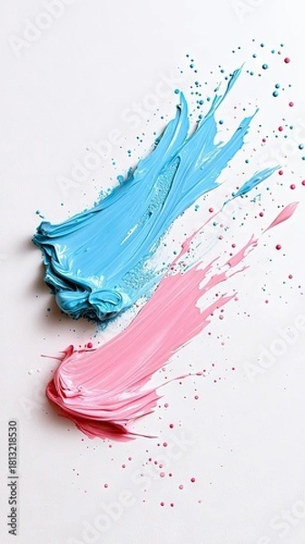 Fototapeta Two dynamic, textured paint strokes, one bright blue and the other soft pink, are splashed across a clean white surface, with small droplets of paint scattered