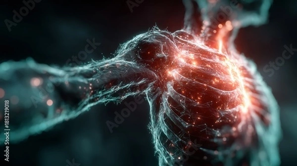 Fototapeta Dynamic neural network visualization representing human anatomy with vibrant energy flow and intricate connections, perfect for science and tech projects.