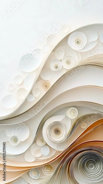 Fototapeta An abstract composition of layered, curved paper strips forming waves and delicate rolled paper flowers.