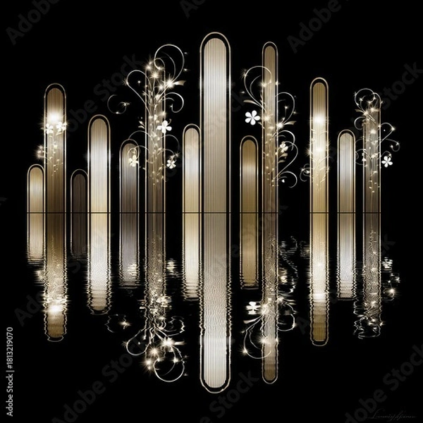 Obraz A collection of vertical bars in shades of gold and silver with delicate floral and light accents, reflected in dark water.