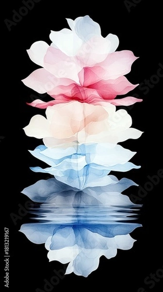 Fototapeta A vertical composition of layered, translucent flower petals transitioning from pink at the top to blue at the bottom, with a reflection in water.