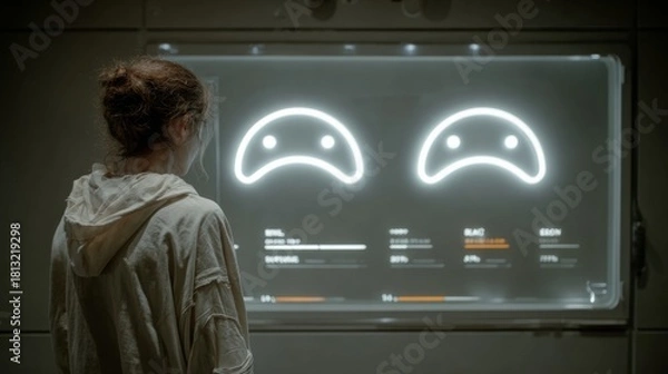 Fototapeta Woman analyzes data on futuristic display with glowing interface, contemplating innovative technology solutions and data insights for the future of AI design