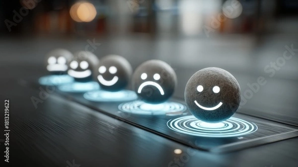 Fototapeta Express your feelings with glowing emotion icons, a modern feedback system for customer satisfaction and user experience insights, creating positive connection