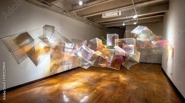 Fototapeta A dynamic, large-scale installation of translucent geometric forms, creating a vibrant light display on the floor and walls of an art gallery.