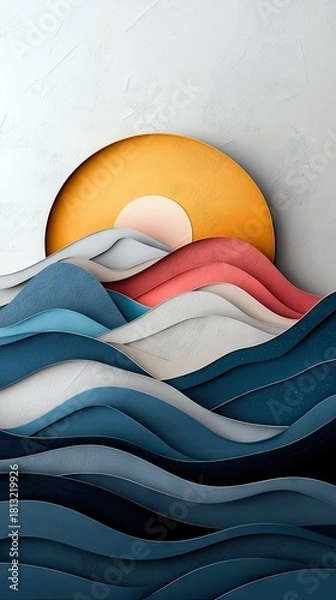 Fototapeta A stylized depiction of a sunset over the ocean, created with layered paper cutouts in shades of blue, coral, and yellow.