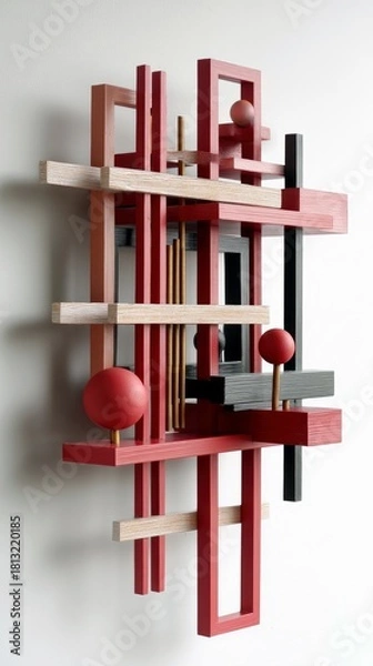 Fototapeta A modern, abstract wall sculpture composed of intersecting geometric wooden elements in red, black, and natural wood finishes.